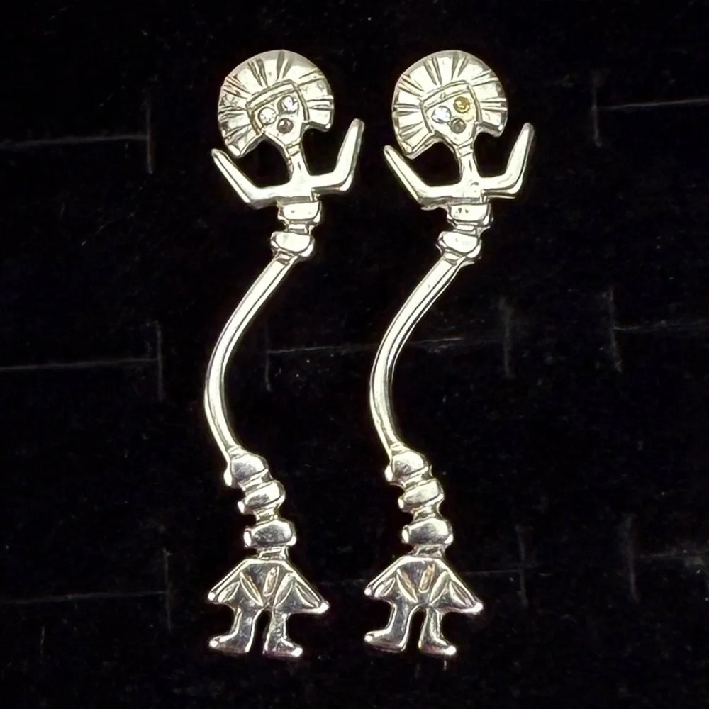 Vintage Silvertone Tribal Figure Pierced Earrings